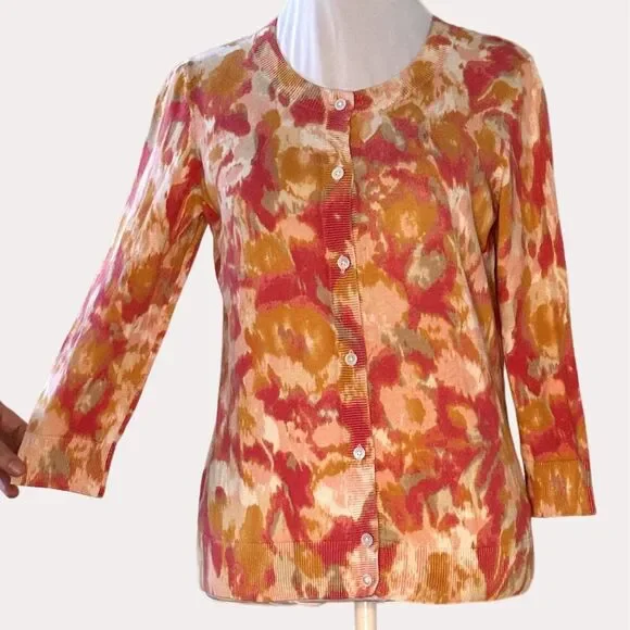 Talbots Cardigan Sweater Abstract Print Crewneck Button Front Orange S bv - Picture 2 of 6